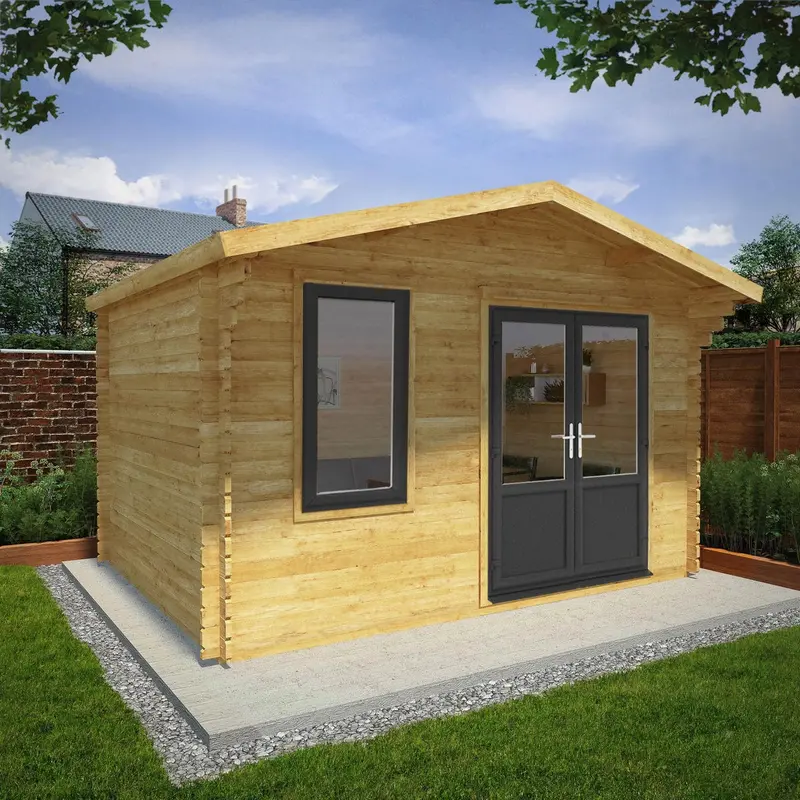 Mercia Retreat Apex Log Cabin – 11’3″ x 13’6″, 44mm Premium Loglap, Grey UPVC