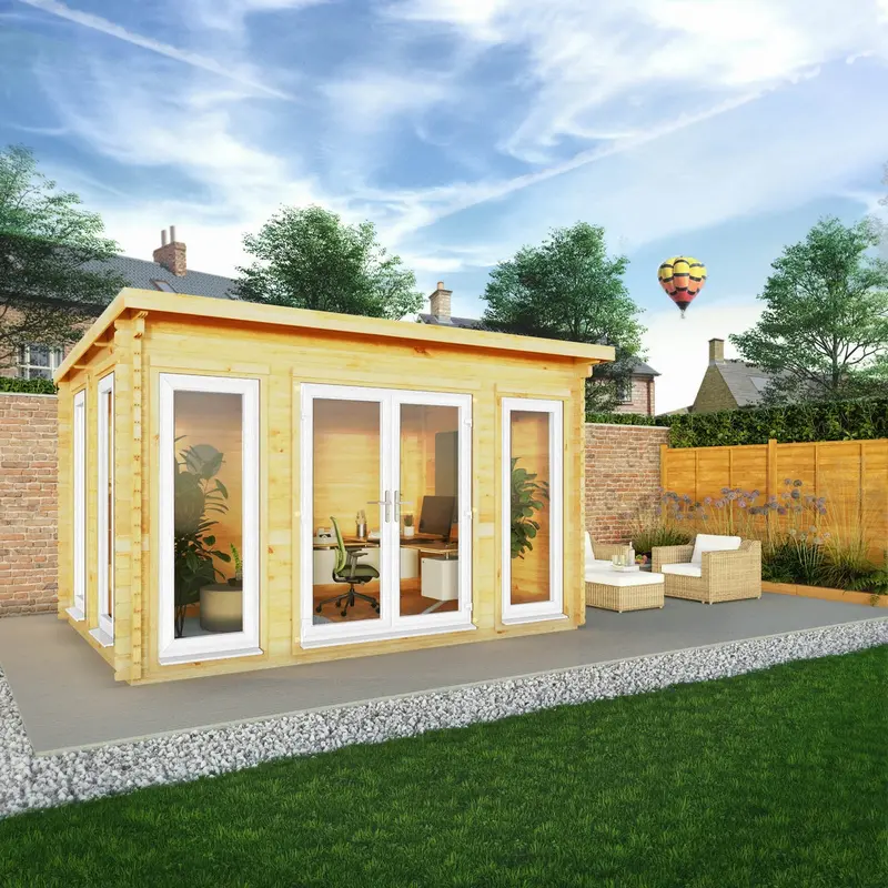 Mercia Studio 10’11” x 13’2″ Pent Roof Log Cabin – 44mm Loglap Cladding, White UPVC