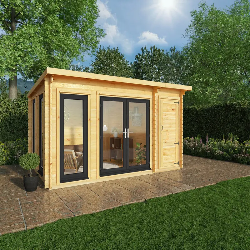 Mercia Studio 10’11” x 13’6″ Pent Log Cabin Featuring Shed Extension – 44mm Loglap, Grey UPVC