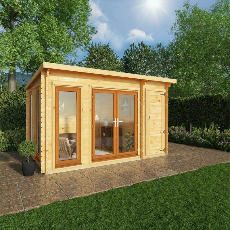 Mercia Studio 10’11” x 13’6″ Pent Log Cabin with Built-in Shed – 44mm Loglap, Brown UPVC