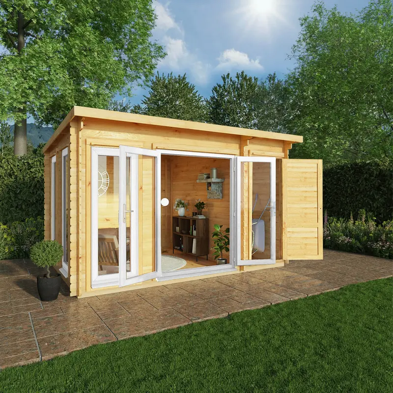 Mercia Studio 10’11” x 13’6″ Pent Log Cabin with Integrated Shed – 44mm Loglap, White UPVC