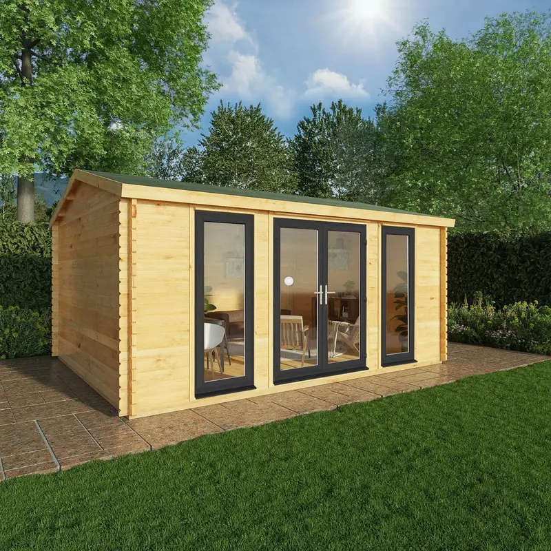 Mercia Studio 13’7″ x 16’6″ Apex Log Cabin – 44mm Loglap, Grey UPVC Windows & Doors