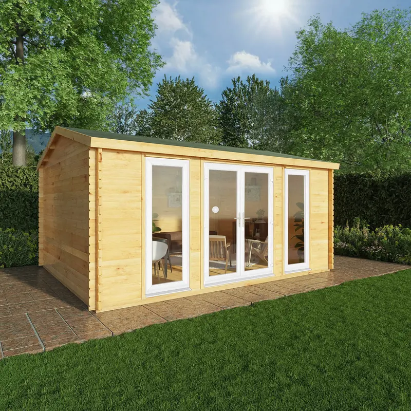 Mercia Studio 13’7″ x 16’6″ Apex Log Cabin – 44mm Loglap, White UPVC Windows & Doors