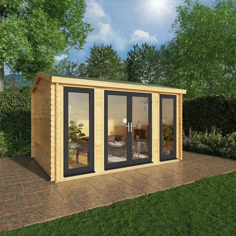Mercia Studio Apex Log Cabin – 10’3″ x 13’2″, 44mm Premium Loglap, Grey UPVC
