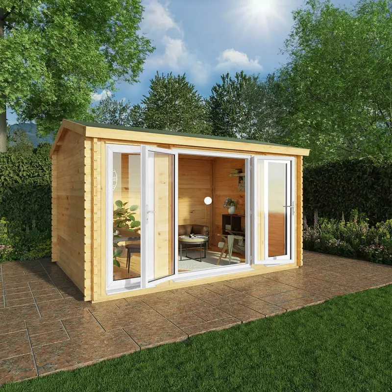 Mercia Studio Apex Log Cabin – 10’3″ x 13’2″, 44mm Premium Loglap, White UPVC