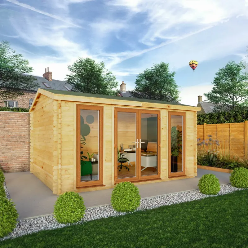 Mercia Studio Apex Log Cabin – 11’11” x 14’10”, 44mm Premium Loglap, Brown UPVC