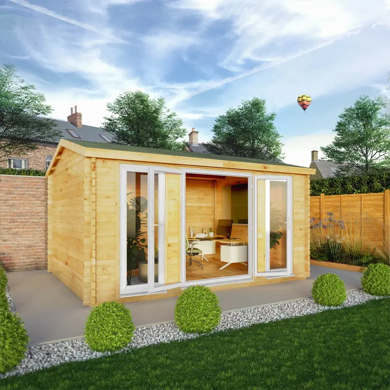 Mercia Studio Apex Log Cabin – 11’11” x 14’10”, 44mm Premium Loglap, White UPVC