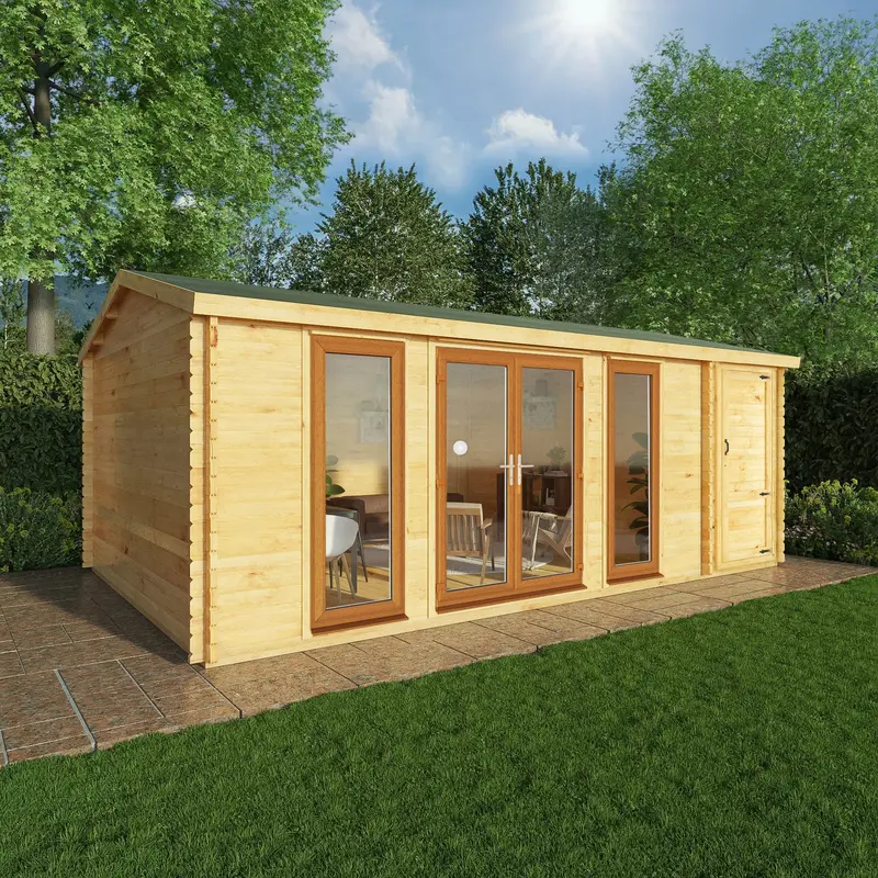 Mercia Studio Apex Log Cabin 13’7″ x 20’2″ – 44mm Loglap Cladding, Brown UPVC