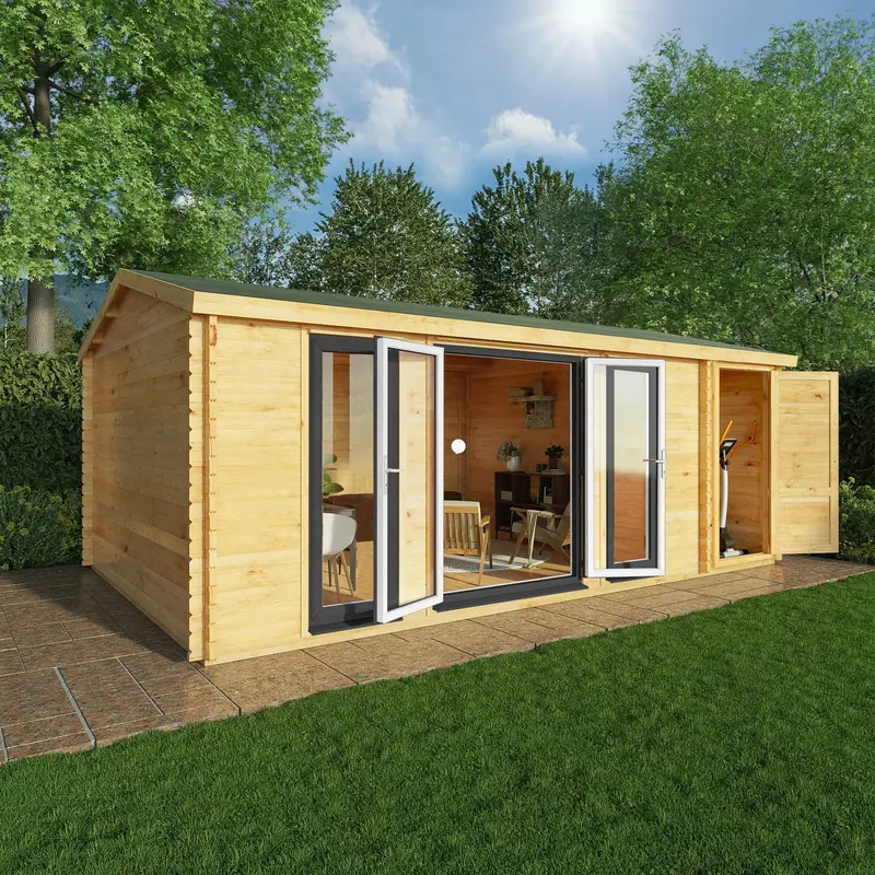 Mercia Studio Apex Log Cabin 13’7″ x 20’2″ – 44mm Loglap Cladding, Grey UPVC