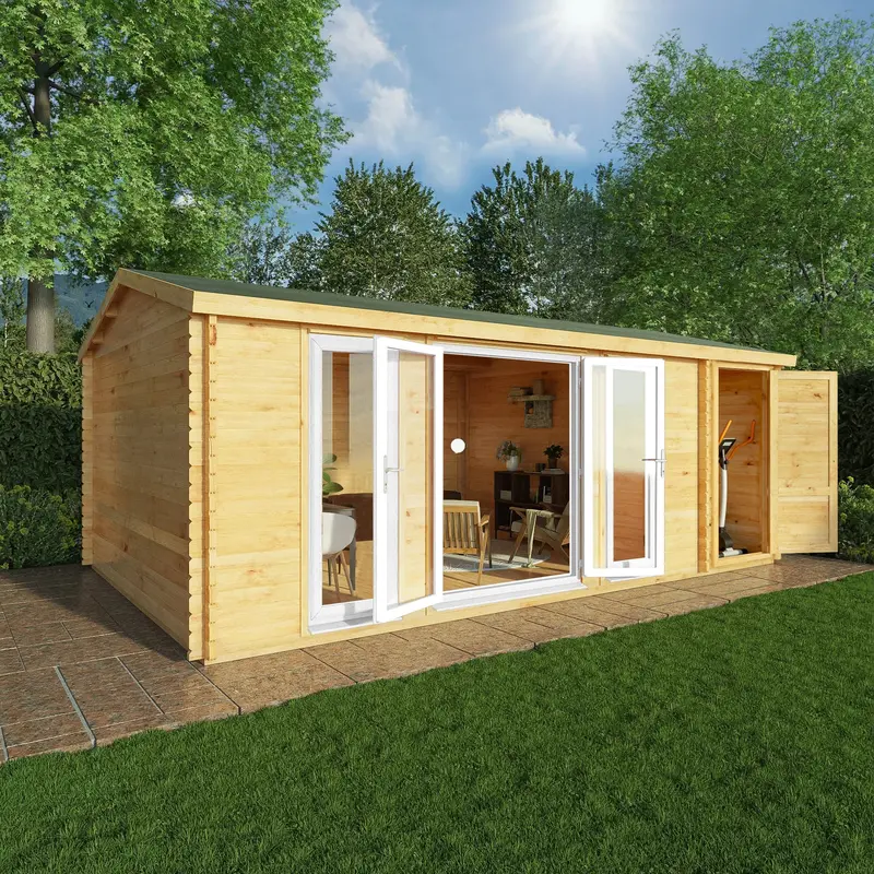 Mercia Studio Apex Log Cabin 13’7″ x 20’2″ – 44mm Loglap Cladding, White UPVC