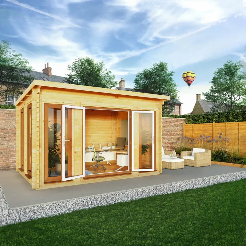 Mercia Studio Pent Log Cabin 10’11” x 13’2″ – 44mm Loglap Cladding with Brown UPVC Windows