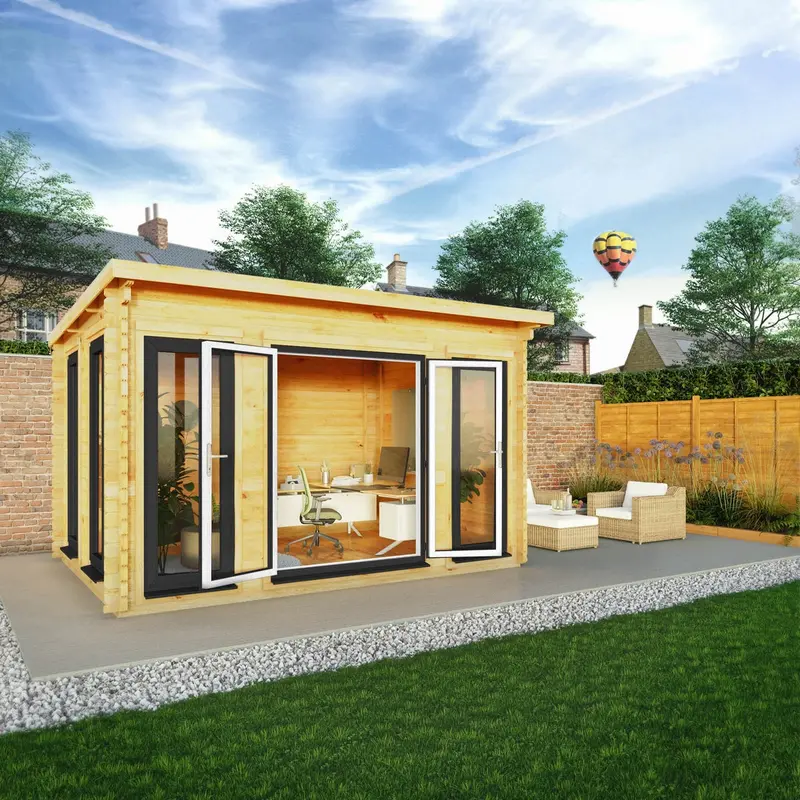 Mercia Studio Pent Log Cabin 10’11” x 13’2″ – 44mm Loglap Cladding with Grey UPVC Windows