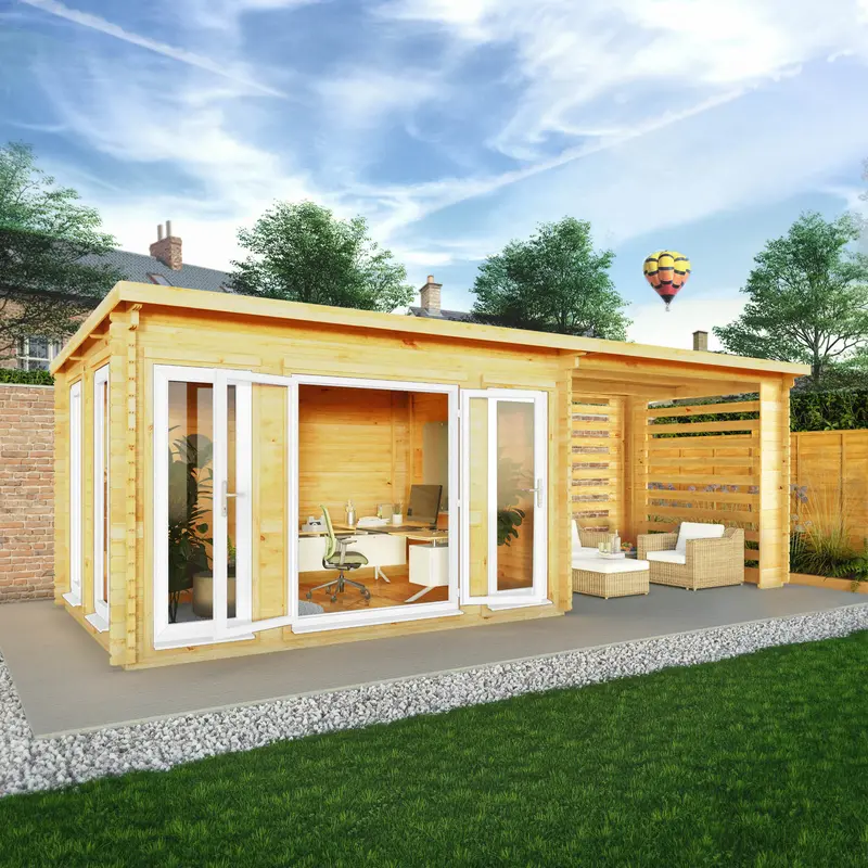 Mercia Studio Pent Log Cabin 10’11” x 22’8″ – Slatted Design, 44mm Loglap, White UPVC