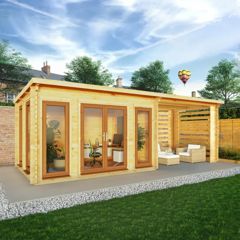 Mercia Studio Pent Log Cabin 10’11” x 22’8″ – Slatted Design, Brown UPVC Windows