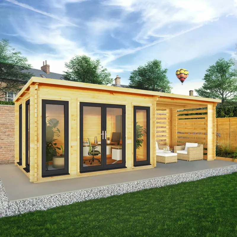 Mercia Studio Pent Log Cabin 10’11” x 22’8″ – Slatted Version, Grey UPVC Glazing