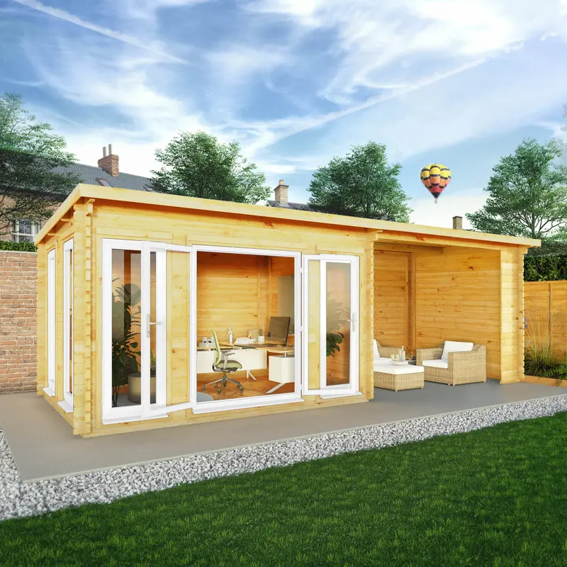 Mercia Studio Pent Log Cabin 10’11” x 22’8″ – Solid Roof, 44mm Loglap, White UPVC