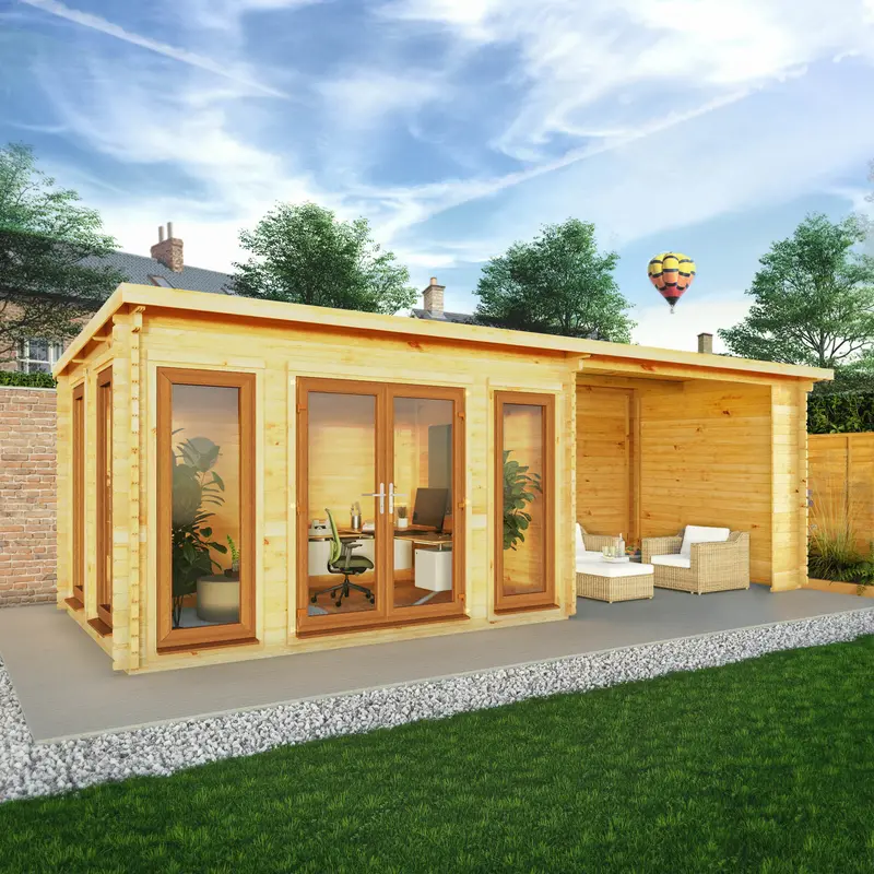 Mercia Studio Pent Log Cabin 10’11” x 22’8″ – Solid Roof, Brown UPVC Windows