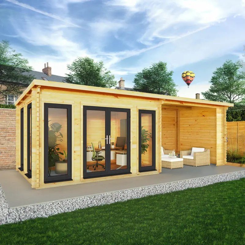 Mercia Studio Pent Log Cabin 10’11” x 22’8″ – Solid Roof, Grey UPVC Glazing