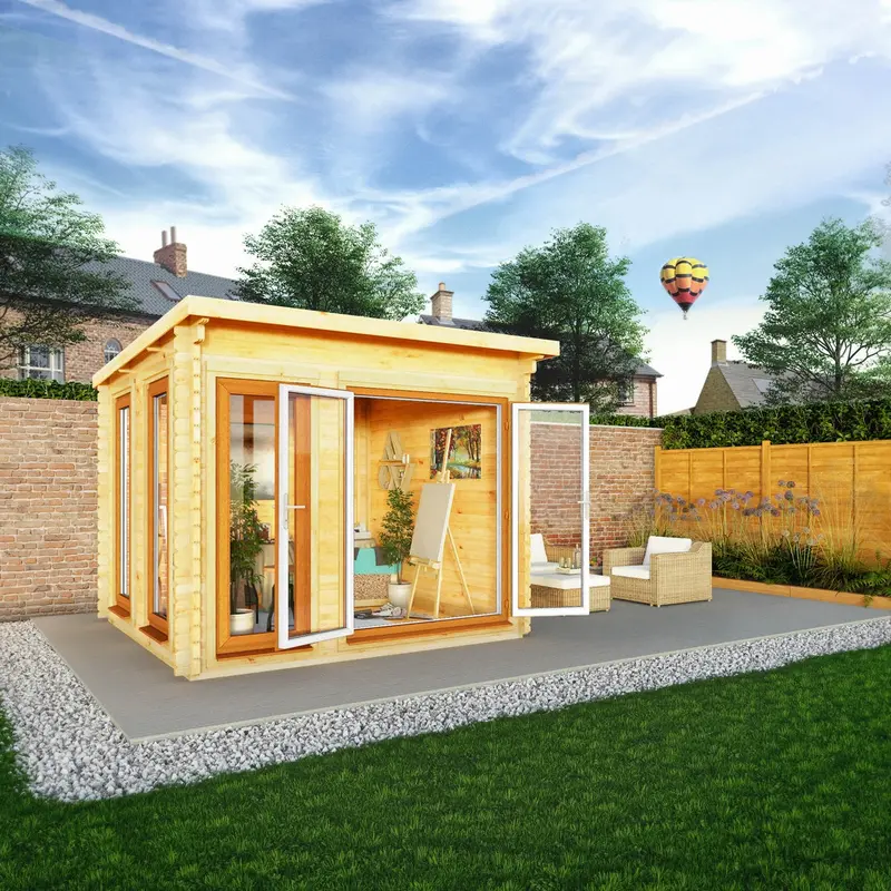 Mercia Studio Pent Log Cabin – 9’11” x 9’11”, 44mm Premium Loglap, Brown UPVC