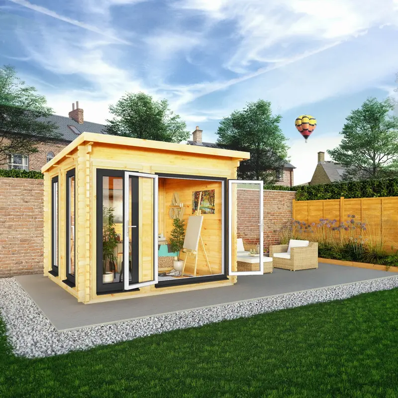 Mercia Studio Pent Log Cabin – 9’11” x 9’11”, 44mm Premium Loglap, Grey UPVC