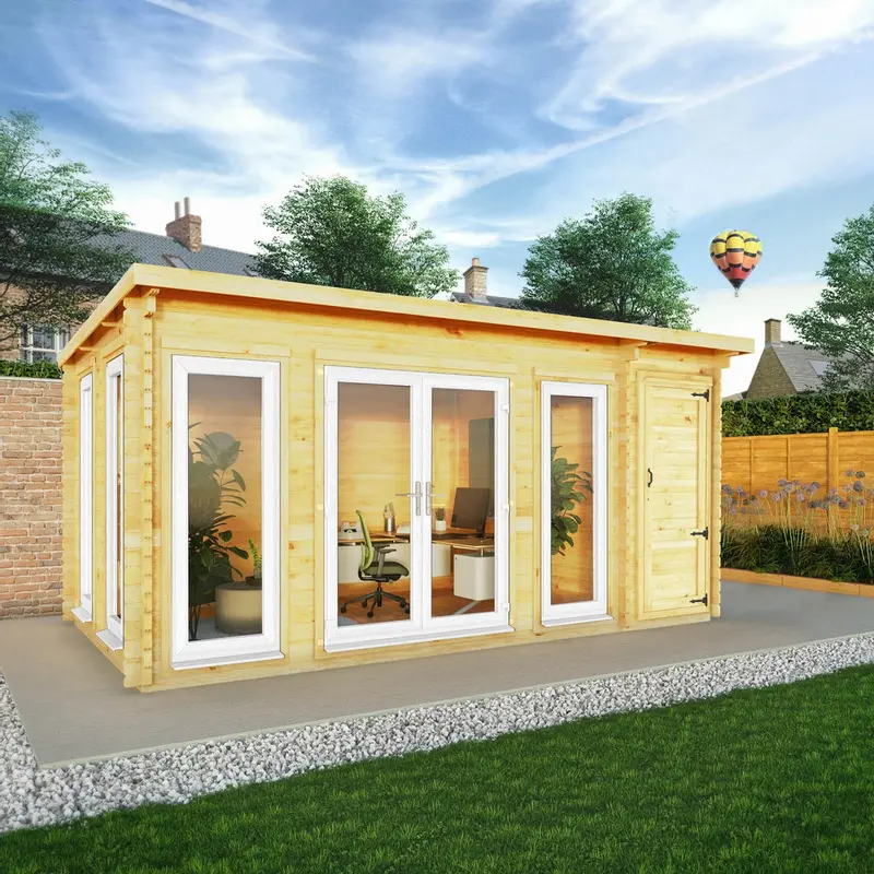 Mercia Studio Pent Log Cabin with Integrated Shed 10’11” x 16’10” – White UPVC