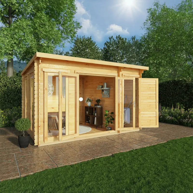 Mercia Studio Pent Log Cabin with Shed – 10’11” x 13’6″, 44mm Loglap Cladding