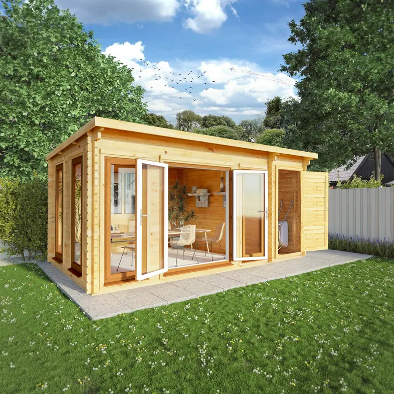 Mercia Studio Pent Log Cabin with Shed 10’11” x 16’10” – Brown UPVC Windows