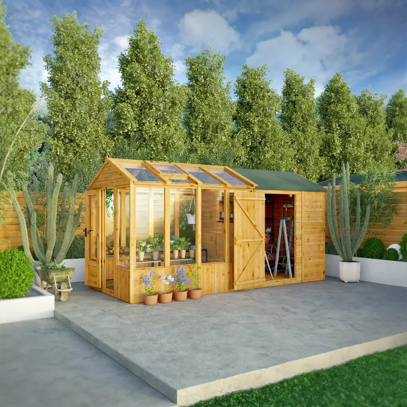 Mercia Woodsman 14’2″ x 6’3″ Apex Combi Shed & Greenhouse – Dip-Treated Shiplap with Glass Windows