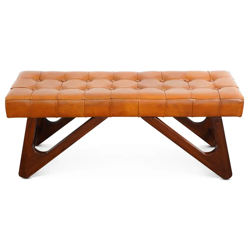 Mia Button-Tufted Bench in Brown with Rustic Finish