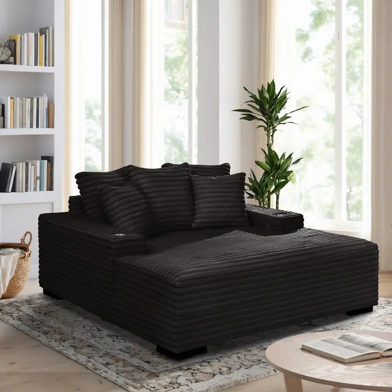 Midnight Black Velvet Chaise Lounge Featuring Dual Cup Holders and USB Charging Ports