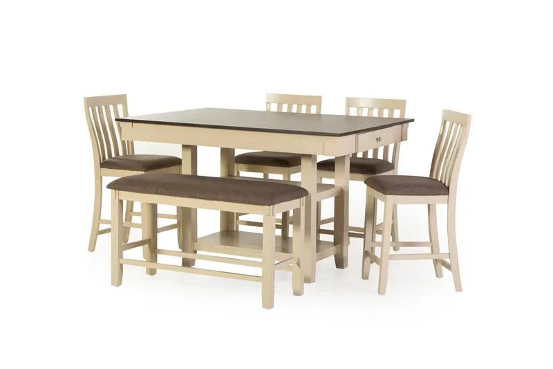 Milk-and-Dark Brown Counter-Height 6-Piece Dining Set with Integrated Shelving