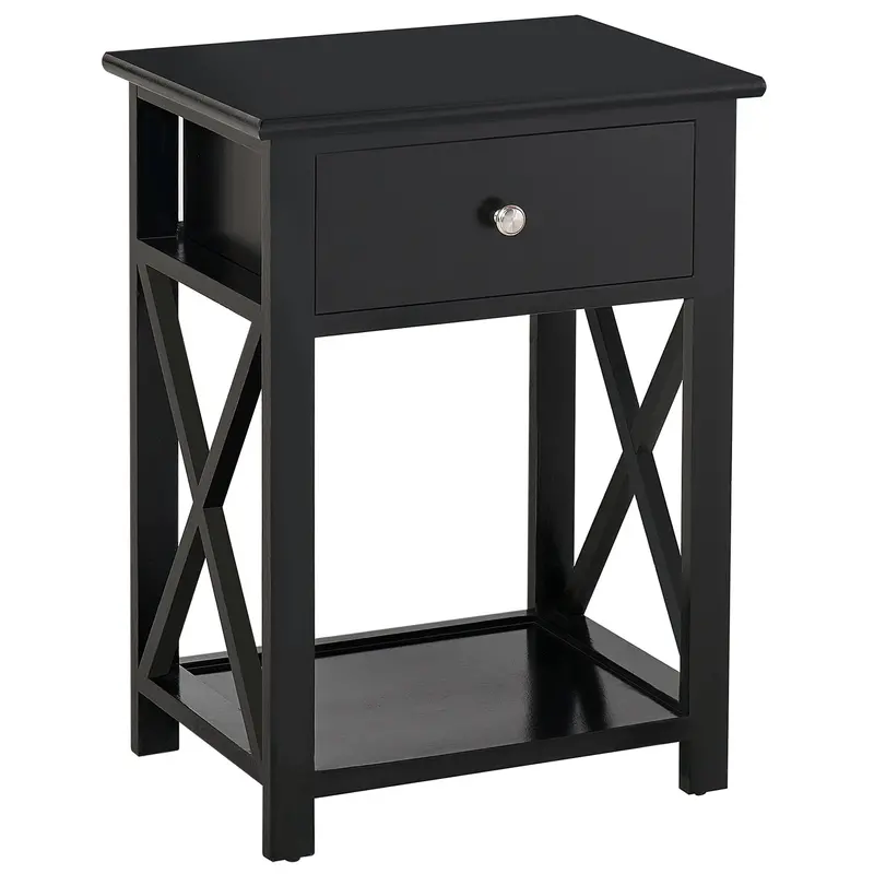 Minimalist End Table – Sofa-Side Storage Table with X-Frame Base, Drawer, and Lower Shelf
