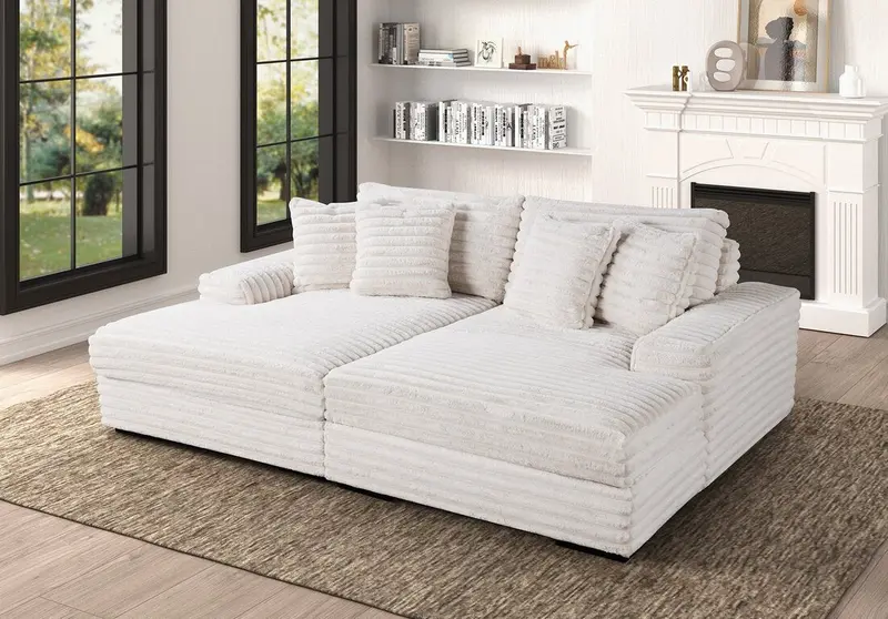 Modern Beige Corduroy Double Chaise Sectional with Deep Seating