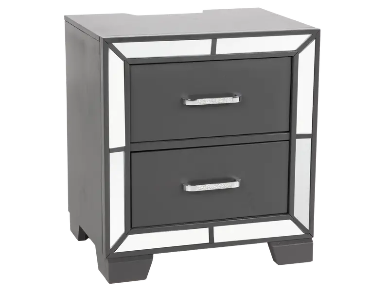 Modern Glam Graphite 2-Drawer Nightstand with USB Ports & Mirror Trim