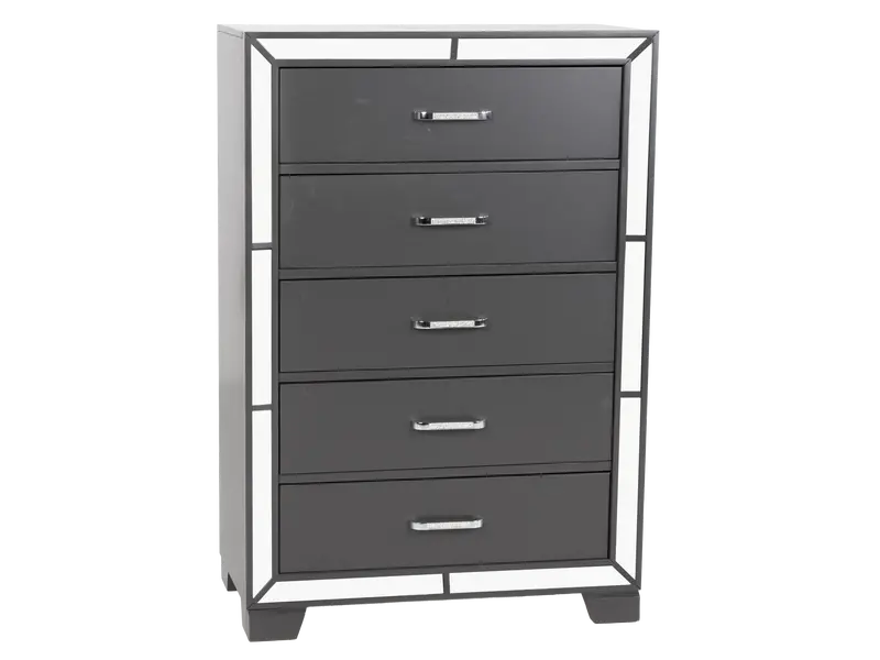 Modern Glam Graphite 5-Drawer Chest Featuring Mirror Accents
