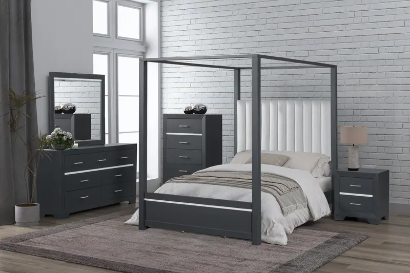 Modern Gray 6-Piece Canopy Bedroom Set – Dresser, Mirror & Nightstand