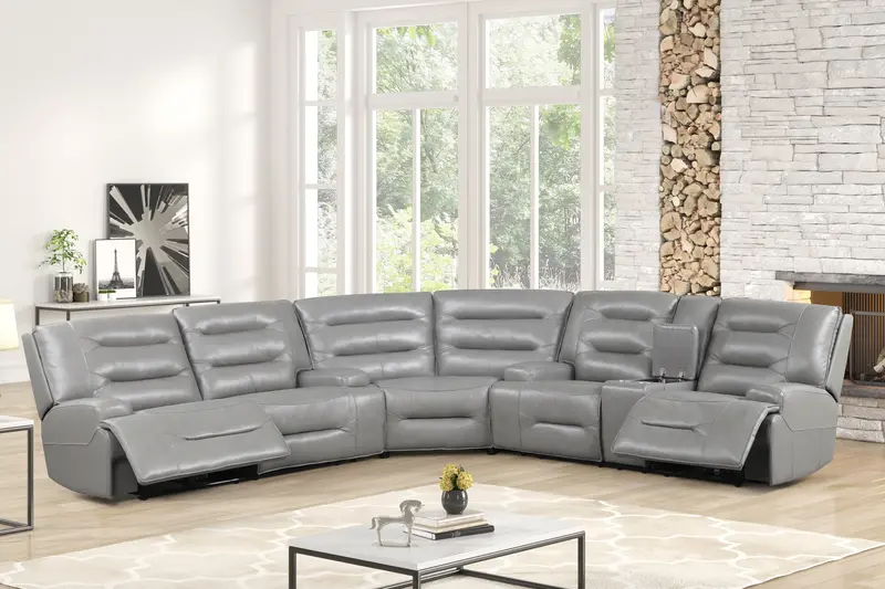 Modern Gray Top-Grain Leather Power Reclining Sectional Sofa with Console and Cup Holders