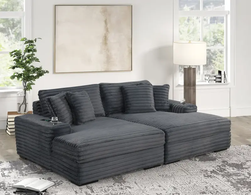 Modern Oversized Charcoal Corduroy Sectional – Double Chaise with Cupholders & USB Charging