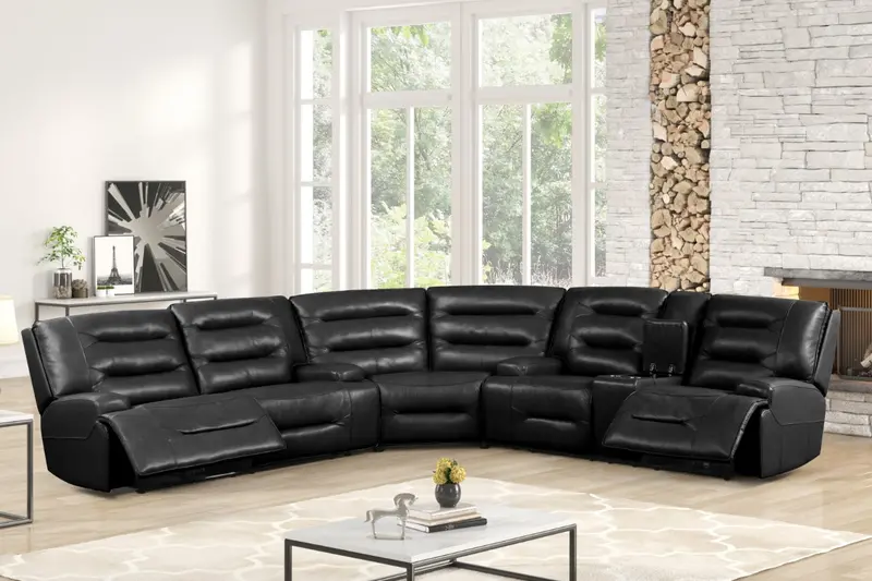 Modern Power Reclining Sectional Sofa – Top-Grain Leather, Black Finish with Center Console