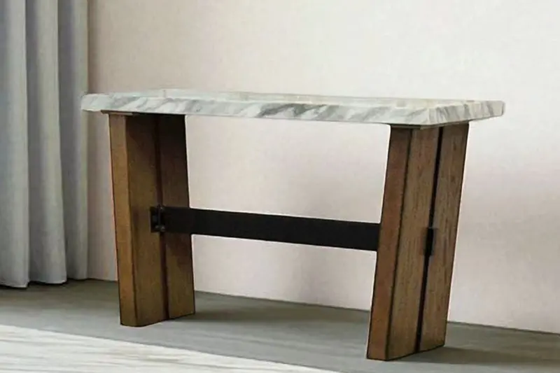 Modern Rustic Sofa Table with Faux-Marble Surface and Natural Wood Base