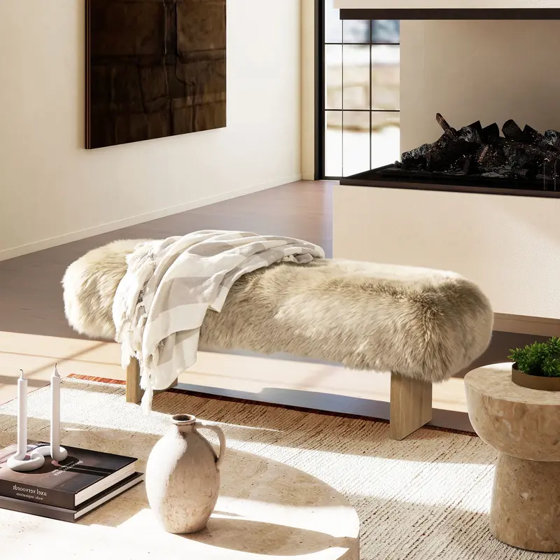 Natural Blonde Sheepskin Fur Accent Bench – Leda Luxe Rectangular Design