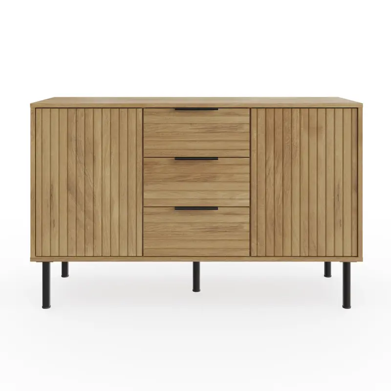 Nervata Oak-and-Black Large Sideboard with 2 Doors, 4 Shelves, and 3 Drawers