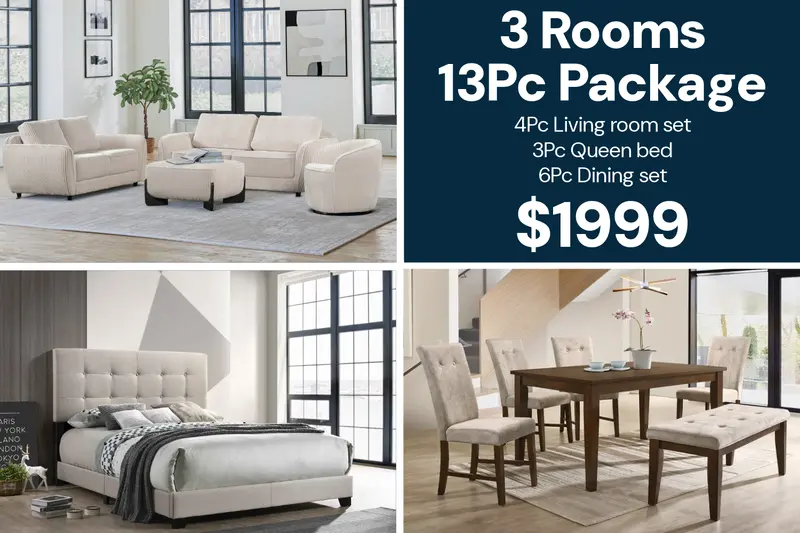 Neutral Contemporary 3-Room Furniture Bundle: 4-Piece Living Room Set, Queen Bed & 6-Piece Dining Collection