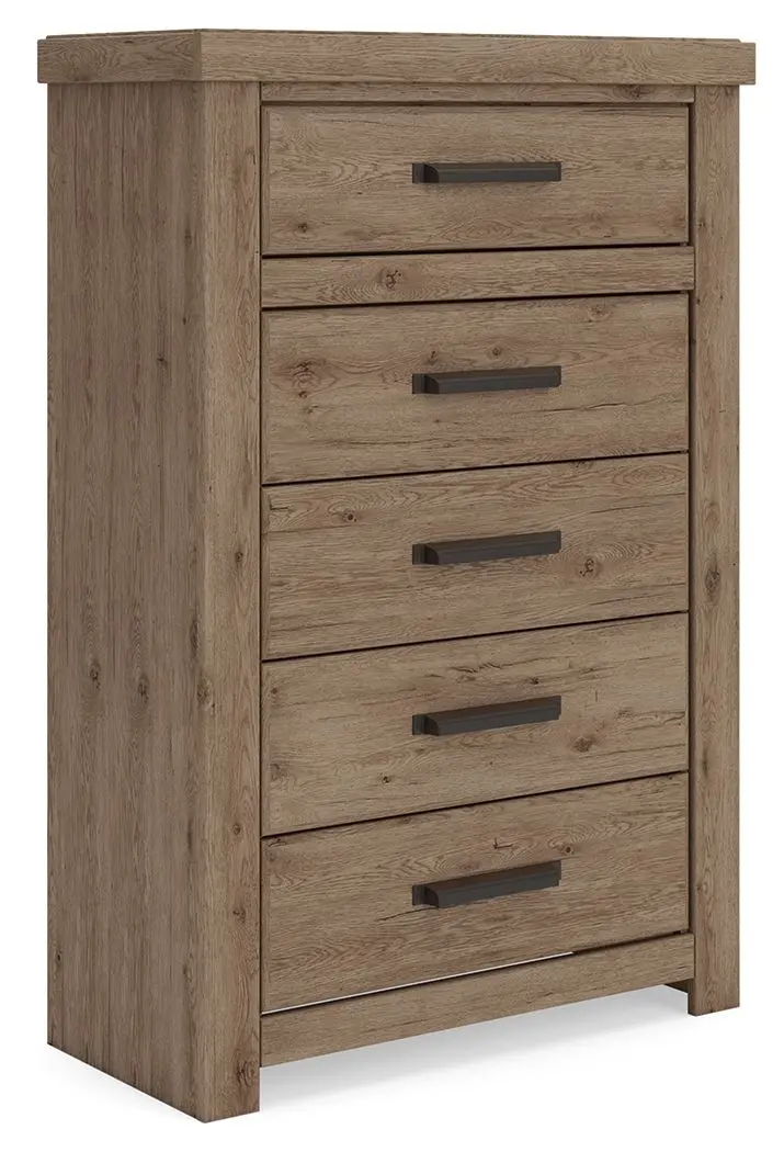 Oliandon Five-Drawer Chest in Light Brown Wood Finish