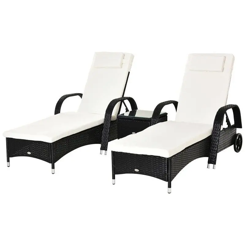Outsunny 2-Seater Rattan Sun Lounger Set with Matching Black Side Table