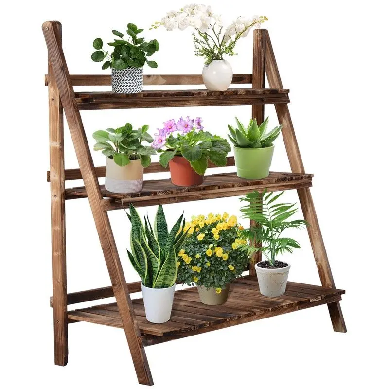 Outsunny 3-Level Wooden Folding Planter Rack – Space-Saving Outdoor Display Ladder for Pots & Plants (100x37x93 cm)