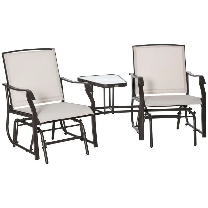 Outsunny Double Glider Bench – Metal Rocking Love Seat with Center Table, Beige