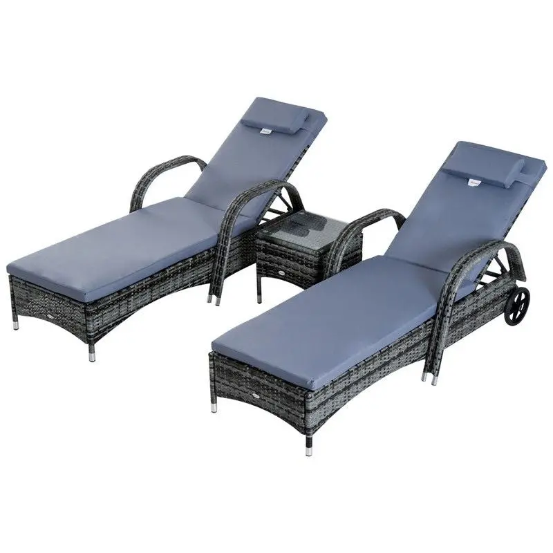 Outsunny Grey Rattan Sun Lounger Duo Set with Matching Side Table