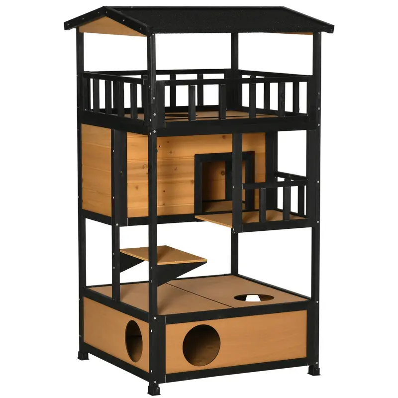 PawHut 3-Tier Wooden Outdoor Cat House with Waterproof Yellow Finish, Tilted Roof Terrace & Elevated Base