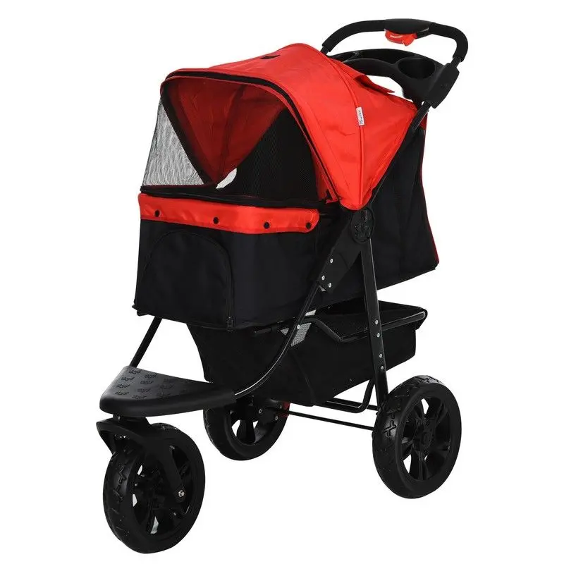 Pawhut 3-Wheel Folding Pet Stroller – Oxford Cloth Dog Trolley in Red/Black Design